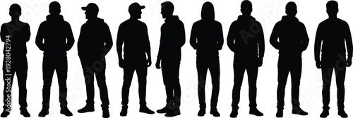 Standing people silhouettes collection in casual outfits, diverse men and women figures isolated on white background vector illustration set