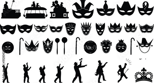 Mardi Gras Silhouette Icon Collection Mardi Gras Typography Silhouette Icon Set