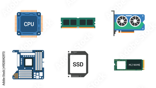 Colorful flat vector icons of computer components, including CPU, RAM modules, graphics card, motherboard, SSD, and NVMe drive, for digital technology and hardware concepts.