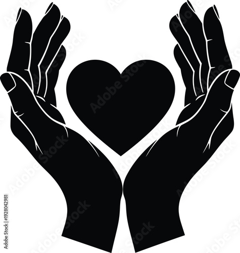 Two hands gently cupping or holding a heart shape, pure black silhouette, a clean white background