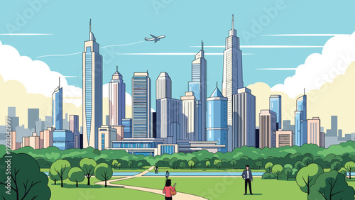 Colorful city skyline featuring tall skyscrapers with green urban park in foreground where people walk and airplane flies across blue sky.