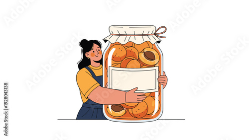 Young girl happily hugs giant glass jar filled with ripe orange apricots symbolizing healthy food and homemade preservation of summer harvest.