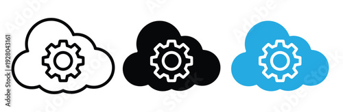 Cloud Computing Icon Set with Gear Symbol for Data Management, Web Hosting, and Network System Settings