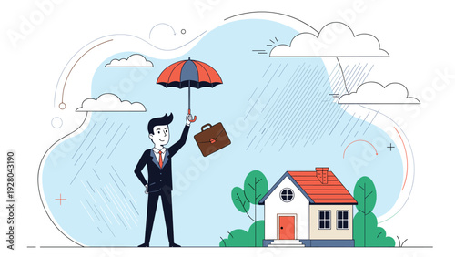 Businessman in suit holds small umbrella to protect tiny house from heavy rain clouds symbolizing home insurance and financial protection.
