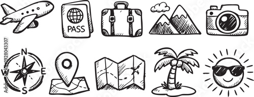 A charming collection of hand-drawn doodle icons illustrating various elements of travel and vacation, perfect for design projects, holiday planning, and adventure themes.