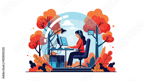 Focused woman works on computer setup inside transparent glass bubble located in serene autumn forest representing remote work and isolation.
