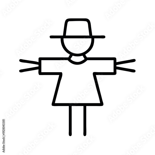 Simple black and white outline illustration of a scarecrow figure, representing autumn or farming.