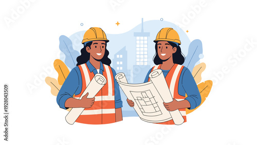 Two confident female construction workers wearing hard hats and safety vests hold blueprints against abstract urban city background.
