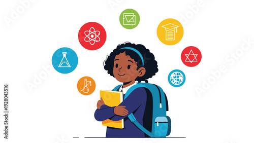 Smiling young girl with backpack and book stands surrounded by various school subject icons representing education and learning curiosity.