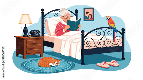 Elderly woman wearing glasses sits in bed reading a book accompanied by sleeping cat on rug and colorful parrot on footboard.