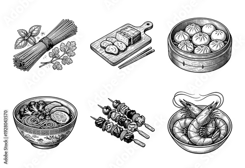 Collection of traditional Asian cuisine illustrations featuring noodles, dim sum, and seafood in a detailed vintage woodcut engraving style