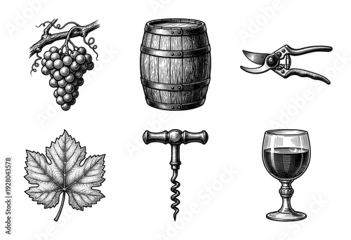 Set of monochrome vintage woodcut style illustrations of viticulture and winemaking elements including grapes, wine barrel, pruner, leaf, corkscrew, and glass.