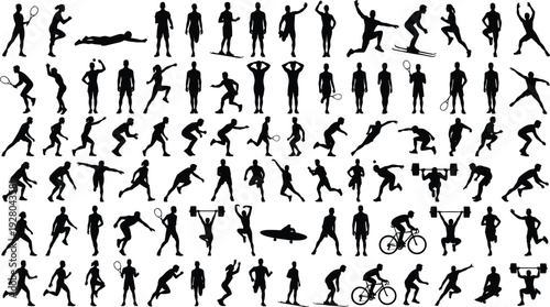 Sports silhouettes mega collection with athletes in various activities including running, tennis, cycling and weightlifting vector illustration isolated on white background