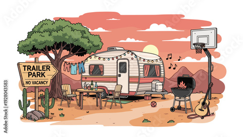 Idyllic trailer park scene at sunset featuring cozy caravan parked under tree with basketball hoop barbecue grill and acoustic guitar.