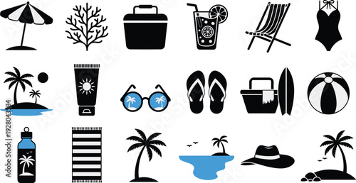 Summer beach silhouettes collection with vacation accessories and tropical elements vector illustration isolated on white background for travel design
