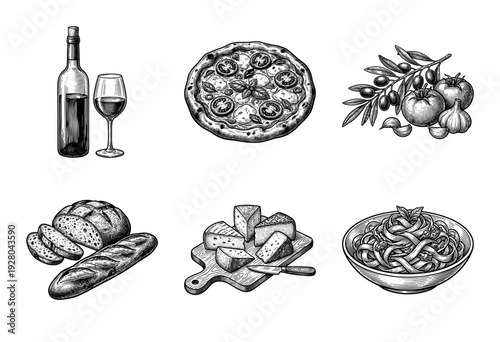 Vintage hand drawn engraving style collection of traditional Italian food and beverage illustrations including pizza pasta wine and cheese