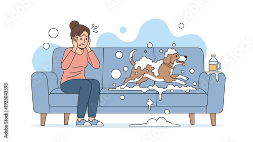 Distressed woman holds head in hands while soapy wet dog runs across blue sofa causing mess and chaos in living room.