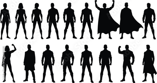 Superhero silhouettes collection with male and female heroes in powerful poses vector illustration isolated on white background
