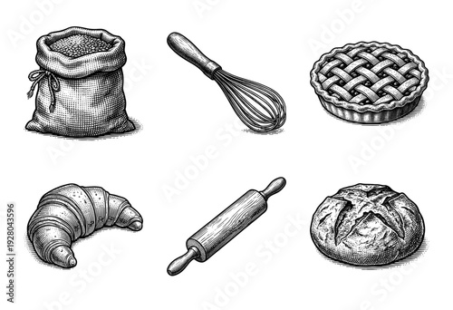 Vintage engraving style bakery and pastry set featuring grain sack, whisk, fruit pie, croissant, rolling pin, and sourdough bread loaf
