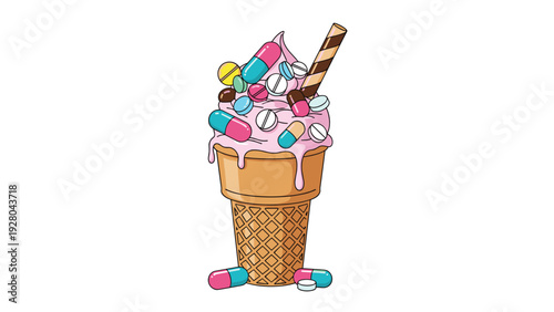 Pink strawberry ice cream cone topped with variety of colorful medical pills and chocolate wafer symbolizing overmedication or drug usage.