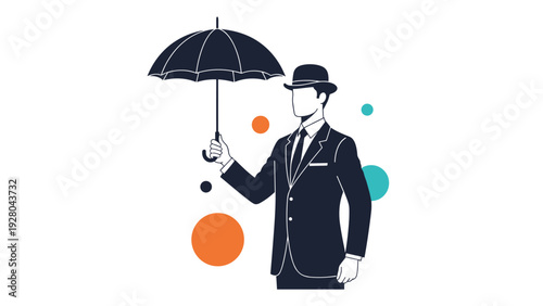 Businessman in a bowler hat holding an umbrella under a flurry of colorful abstract dots on a white background.