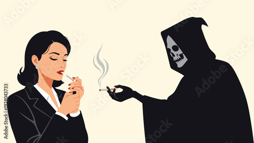 Grim Reaper holding a cigarette for a woman in a business suit to illustrate the dangerous health consequences of smoking.
