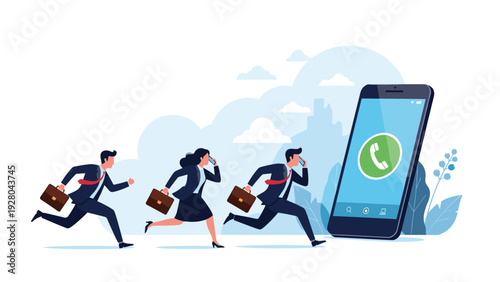 Group of business people in professional suits running towards a giant smartphone with an incoming call notification.