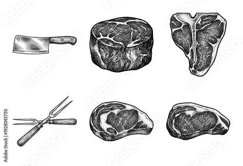 Vintage hand drawn engraving style meat collection featuring butcher cleaver meat forks and various beef cuts like t-bone and ribeye