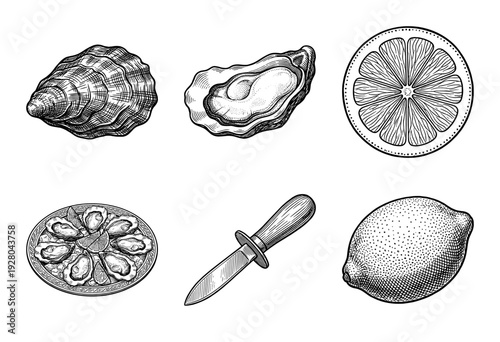 Vintage engraving of oysters and lemons with shucking knife and seafood platter set in hand drawn etched style
