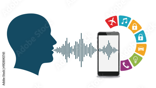 Silhouette of a human head speaking into a smartphone to control various smart home and lifestyle application icons.