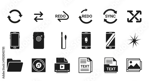 A grid of fifteen black silhouette icons related to technology and file management