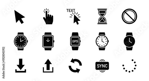 Collection of black and white icons featuring cursors watches navigation and status symbols