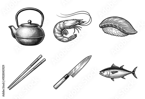 Vintage woodcut style collection of Japanese culinary icons including sushi shrimp tuna teapot and chef knife set on a white background