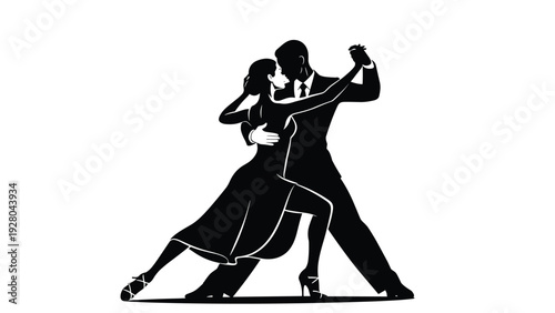 Elegant silhouette of a couple dancing a passionate tango in black and white for a classic performance look.