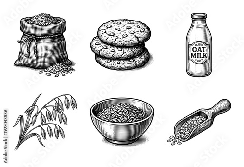 Vintage engraving style collection of oat products including a sack of grain, cookies, milk bottle, cereal bowl, wooden scoop, and botanical stalk.