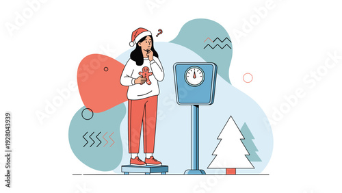 Worried woman in a Santa hat standing on a scale and holding a gingerbread cookie during the Christmas holidays.