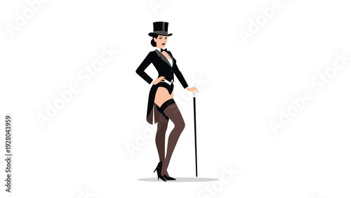 Confident woman dressed in a tuxedo and top hat with a cane posing for a classic cabaret or theater performance.