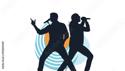 Silhouettes of a male and female singer performing on stage with microphones against an abstract background.