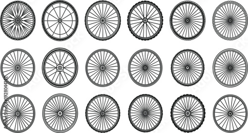 Bicycle Wheel Set Collection with Different Tire Styles and Spoke Designs for Cycling, Sports Equipment, and Transportation Vector Illustration