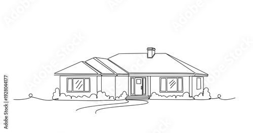 Single story house with front pathway in residential yard. No editable stroke