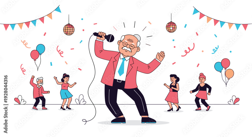 Fototapeta premium A cheerful elderly man is enthusiastically singing into a microphone, surrounded by five other dancing seniors at a vibrant party filled with confetti and balloons.