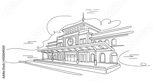 Railway station facade with clock in minimalist line art drawing. No editable stroke