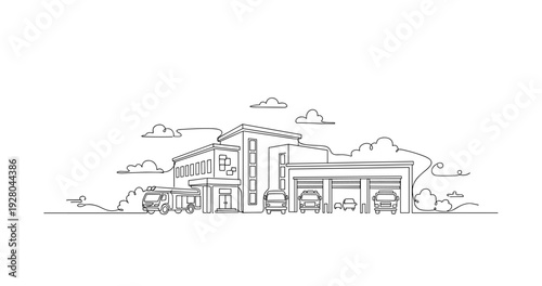 Fire station building with emergency trucks parked in front. No editable stroke