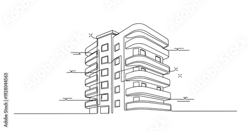 Apartment building showing curved balconies in urban setting. No editable stroke
