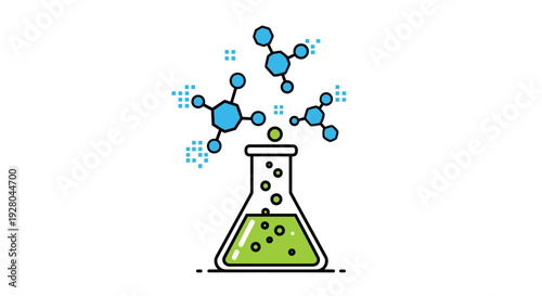 A green liquid in a clear conical flask is emitting several blue and black molecular structures that are rising upwards.