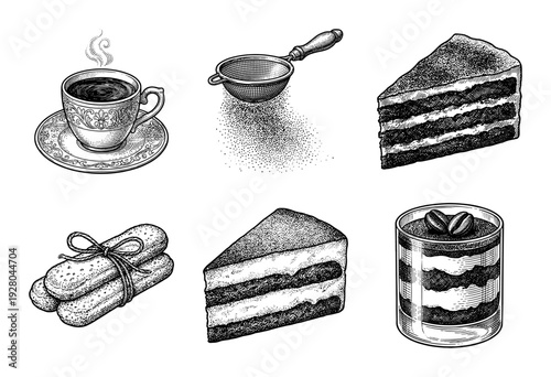 Vintage engraving collection of tiramisu dessert elements featuring espresso coffee ladyfingers cocoa powder sifter and layered cake slices