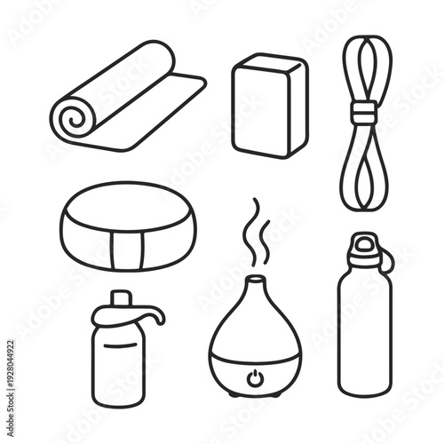 Modern Yoga Accessories Outline Vector – Rounded Line Art Yoga Mat, Block, Strap, Cushion, Aroma Diffuser & Water Bottle – Minimal Wellness Illustration, Editable Printable SVG, Isolated Background