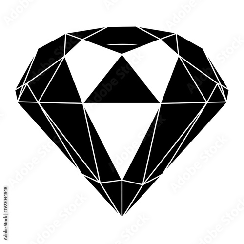 Black Diamond Gemstone Silhouette Icon, Luxury Jewel, Precious Stone, Faceted Cut, Isolated.