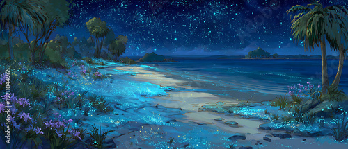 Tropical Beach Night With Bioluminescent Blue Sand And Exotic Flowers Anime Style Illustration