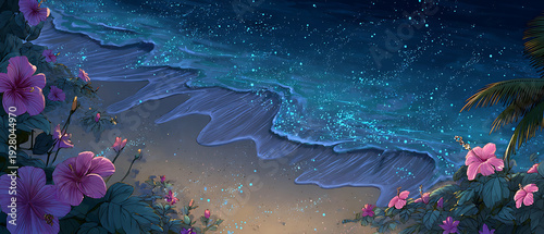 Tropical Beach Night With Bioluminescent Blue Sand And Exotic Flowers Anime Style Illustration
